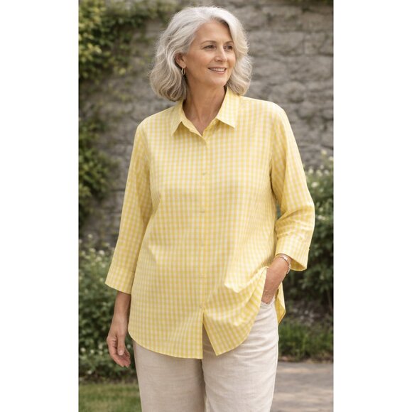 Lafayette 148 New York Tops - LAFAYETTE 148 Yellow White Gingham Tunic Shirt 2XL Preppy Old Money Yacht Coast